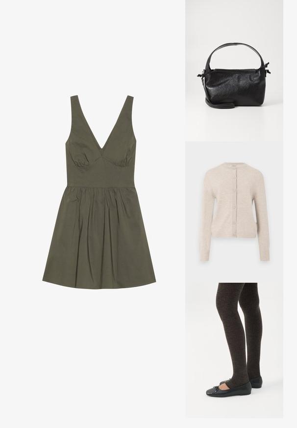 ONLY ONLCAMILLE BASIC CARDIGAN - Gilet - pumice stone; Robe sans manches vert olive avec un décolleté en V, corsage ajusté et taille froncée, dotée d'une jupe évasée et d'une texture de tissu lisse.; Jambes portant des leggings côtelés foncés associés à des ballerines noires avec de petits détails en nœud sur fond blanc.; Sac à main en cuir noir au design structuré, avec une poignée arrondie et une bandoulière amovible. Présente une texture lisse et un éclat subtil.