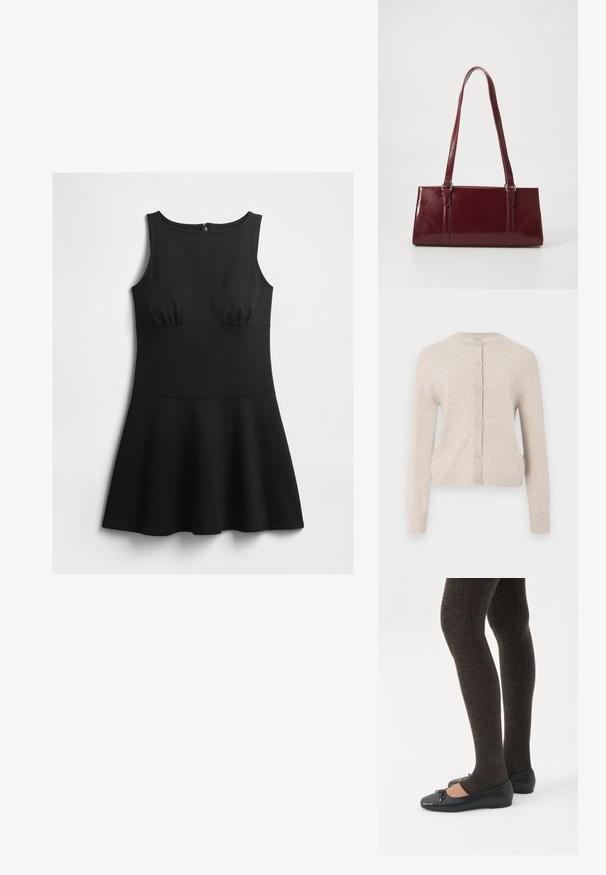 ONLY ONLCAMILLE BASIC CARDIGAN - Chaqueta de punto - pumice stone; Vestido negro sin mangas con corsé ajustado, escote redondo y falda acampanada, exhibido de manera plana sobre un fondo blanco.; Piernas con leggings oscuros acanalados combinados con bailarinas negras que presentan pequeños detalles de lazo sobre un fondo blanco.; Bolso burdeos hecho de material brillante, de forma rectangular, con dos asas para el hombro y sutiles acentos curvados en la parte frontal.