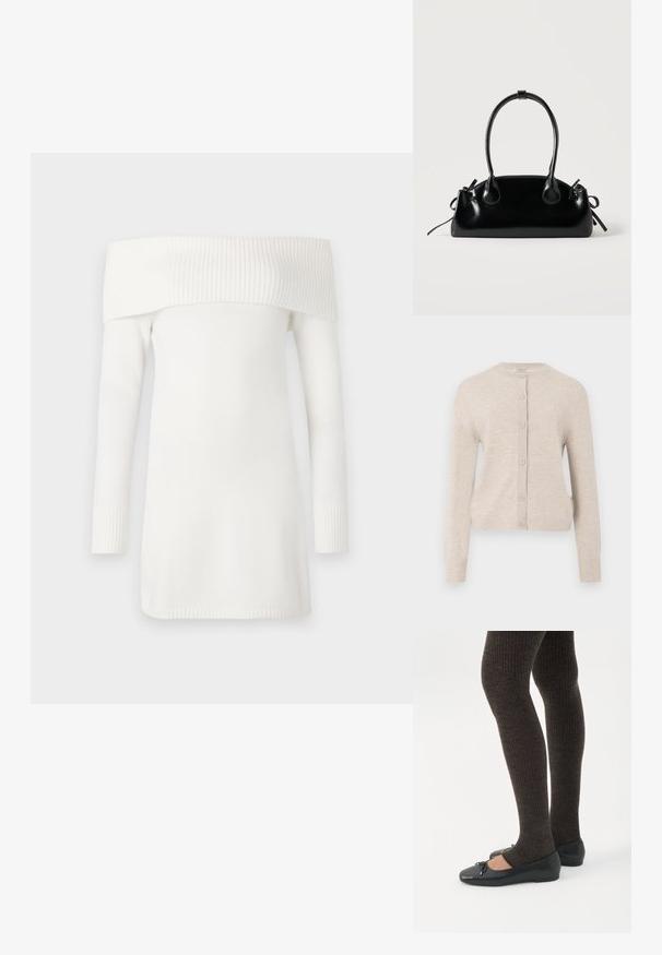 ONLY ONLCAMILLE BASIC CARDIGAN - Kardigan - pumice stone; Õlgadelt avatud valge kampsun ribatud kraega ja pikkade varrukatega. Pehme tekstuur, põlvepikkune disain ja sobivate ribatud mansettidega.; Jalad seljas tumedad soonelises soonelises kombines mustade baleriinadega, millel on väikesed paelade detailid valgel taustal.; Väike must läikiv käekott kahe pika sangaga ja külgedel paelakinnitustega, ühel lihtsal helel taustal.