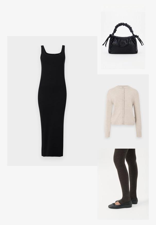 ONLY ONLCAMILLE BASIC CARDIGAN - Vest - pumice stone; Zwarte, aangesloten maxi-jurk van ribbreiselstof, met een vierkante halslijn en brede schouderbanden, met een zachte textuur aan de aanraking.; Benen met donkere geribbelde leggings gecombineerd met zwarte ballerina's met kleine strikdetails op een witte achtergrond.; Zwarte handtas met krokodillenstructuur, geplooide bovenrand, samengevoerde handgreep en koordtassels aan elke kant tegen een witte achtergrond.