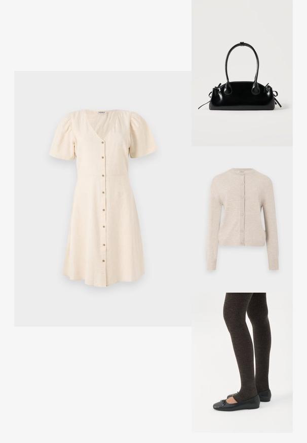 ONLY ONLCAMILLE BASIC CARDIGAN - Ζακέτα - pumice stone; Ανοιχτό μπεζ φόρεμα με V-λαιμόκοψη, κοντά φουσκωτά μανίκια και φουσκωτή φούστα. Διαθέτει μπροστινά κουμπιά και μαλακό, υφασμάτινο ύφασμα.; Πόδια με σκουρόχρωμα ριμπ κολάν συνδυασμένα με μαύρα μπαλαρίνα παπούτσια με μικρές λεπτομέρειες φιόγκων σε λευκό φόντο.; Μικρή μαύρη γυαλιστερή τσάντα με δύο μακριές λαβές και λεπτομέρειες με ρυθμιζόμενο κορδόνι στο πλάι σε απλό ανοιχτό φόντο.