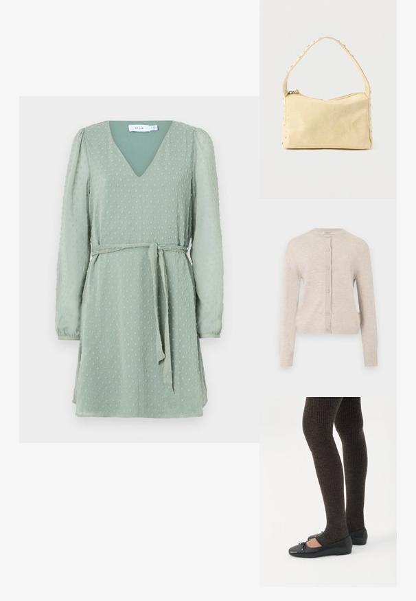 ONLY ONLCAMILLE BASIC CARDIGAN - Kardigán - pumice stone; Zelené šaty s výstrihom do V, dlhými puff rukávmi, vzorom štruktúrovaných bodiek a zodpovedajúcim látkovým opaskom v pase.; Nohy v tmavých pásikavých legínach v kombinácii s čiernymi balerínkami s malými mašličkami na bielom pozadí.; Malá béžová kožená kabelka s jedným remienkom a striebornými cvokmi pozdĺž okrajov a remienka, na jednoduchom pozadí.