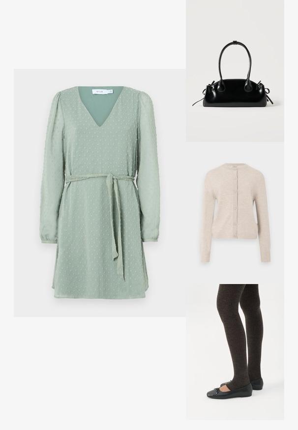ONLY ONLCAMILLE BASIC CARDIGAN - Ζακέτα - pumice stone; Πράσινο φόρεμα με V-λαιμόκοψη, μακριά φουσκωτά μανίκια, υφασμάτινο μοτίβο με κουκίδες και ζώνη από το ίδιο ύφασμα στη μέση.; Πόδια με σκουρόχρωμα ριμπ κολάν συνδυασμένα με μαύρα μπαλαρίνα παπούτσια με μικρές λεπτομέρειες φιόγκων σε λευκό φόντο.; Μικρή μαύρη γυαλιστερή τσάντα με δύο μακριές λαβές και λεπτομέρειες με ρυθμιζόμενο κορδόνι στο πλάι σε απλό ανοιχτό φόντο.