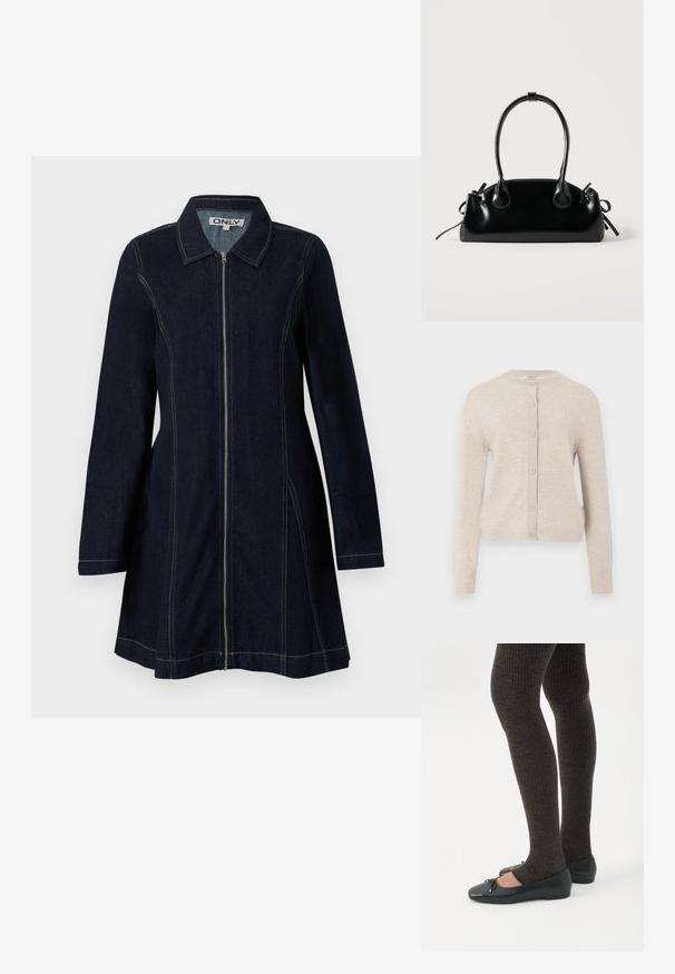ONLY ONLCAMILLE BASIC CARDIGAN - Vest - pumice stone; Donkerblauwe spijkerjack met ritssluiting aan de voorkant, puntige kraag, lange mouwen en contrasterende gele stiksels op de naden en randen.; Benen met donkere geribbelde leggings gecombineerd met zwarte ballerina's met kleine strikdetails op een witte achtergrond.; Kleine zwarte glanzende handtas met twee lange hengsels en zijkant trekkoord details op een effen lichte achtergrond.