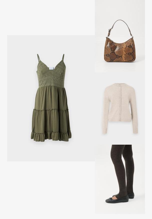 ONLY ONLCAMILLE BASIC CARDIGAN - Neuletakki - pumice stone; Aivanvihreä mekko, jossa on pitsikoristelu bodice-alueella, säädettävät hihnat ja kevyestä kankaasta valmistettu poimutettu, kerroksellinen helma.; Jalat, joissa tummat ribbineuleiset leggingsit yhdistettynä mustiin balettitossuihin, joissa on pienet rusettikoristeet valkoisella taustalla.; Pieni käsilaukku, jossa on ruskea ja musta käärmeennahkakuosi, lyhyt säädettävä hihna ja vetoketjusuljenta.
