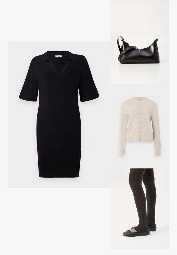 ONLY ONLCAMILLE BASIC CARDIGAN - Kardigán - pumice stone; Čierne šaty vyrobené zo ribovaného materiálu s výstrihom do V a krátkymi rukávmi. Majú klasický golier a priliehavý strih.; Nohy v tmavých pásikavých legínach v kombinácii s čiernymi balerínkami s malými mašličkami na bielom pozadí.; Čierna kožená kabelka s hladkou textúrou. Obsahuje nastaviteľný popruh a elegantný, minimalistický dizajn so zipsovým uzatvorením.