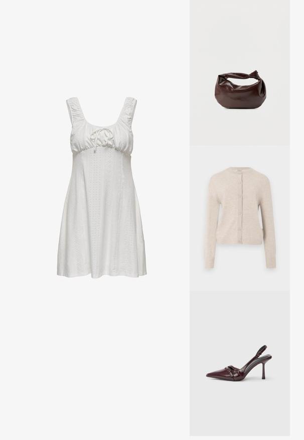 ONLY ONLCAMILLE BASIC CARDIGAN - Strickjacke - pumice stone; Weißes ärmelloses Kleid mit gerafftem Ausschnitt, Bindegurt und strukturiertem Stoff mit Perforationen. Eine ausgestellte Silhouette mit sanften Linien.; Bordeauxroter Slingback-Pumps aus Lackleder mit spitz zulaufender Vorderkappe, dünnem Knöchelriemen und kleiner dekorativer Schnalle. Glatte Textur und hoher Absatz.; Dunkelbraune Lederschultertasche mit weicher, lockerer Form und einem gedrehten Knotengriff vor schlichtem weißem Hintergrund.