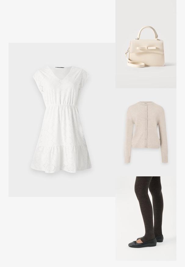 ONLY ONLCAMILLE BASIC CARDIGAN - Kardigan - pumice stone; Valge kleit, millel on V-kaelus, lühikesed varrukad ja elastne talje. Kanga pinnal on lõikepatternid ning volangiga äär.; Jalad seljas tumedad soonelises soonelises kombines mustade baleriinadega, millel on väikesed paelade detailid valgel taustal.; Väike beež käekott ülemise sangaga, eemaldatava rihma, ees oleva klapi ja dekoratiivse horisontaalse lipsuga ühtlasel taustal.
