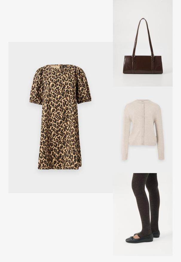 ONLY ONLCAMILLE BASIC CARDIGAN - Cardigan - pumice stone; Leopardprint kjole lavet af glat stof. Har rund halsudskæring, puffede korte ærmer og A-formet silhuet. Farverne inkluderer tan og sort.; Ben iført mørke ribbede leggings kombineret med sorte balletsko med små sløjfedetaljer på hvid baggrund.; Brun lakeret håndtaske med rektangulær form, to lange håndtag og subtile buede detaljer på fronten.