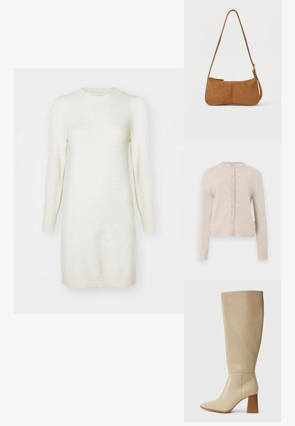 ONLY ONLCAMILLE BASIC CARDIGAN - Kardigan - pumice stone; Kreemjas toonis kudum dress, millel on pikad varrukad, soonikud mansettide juures ja tekstuuriline muster üle kogu säär; ümmargune kaelus ja allosa ulatub üle põlve.; Beez värvi nahast põlvini ulatuv saabas terava ninaga, tekstureeritud ploki kontsaga ja siledapinnaga. Õmbluse detail pahkluul ja ülemisel äärsel.; Pruun seemisnahast õlakott kõverate vormidega, reguleeritava rihma, tõmblukuga sulgemise ja minimaalse riistvaraga. Sile tekstuur ja lihtne disain.