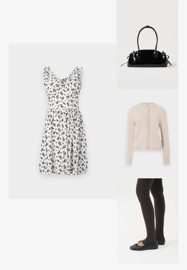 ONLY ONLCAMILLE BASIC CARDIGAN - Kardigan - pumice stone; Valge lilleline kleit mustade miniõitega, ilma varrukateta disain, kokku ruttuv bodice ja laienev seelik. Sile kangas voolava tekstuuriga.; Jalad seljas tumedad soonelises soonelises kombines mustade baleriinadega, millel on väikesed paelade detailid valgel taustal.; Väike must läikiv käekott kahe pika sangaga ja külgedel paelakinnitustega, ühel lihtsal helel taustal.