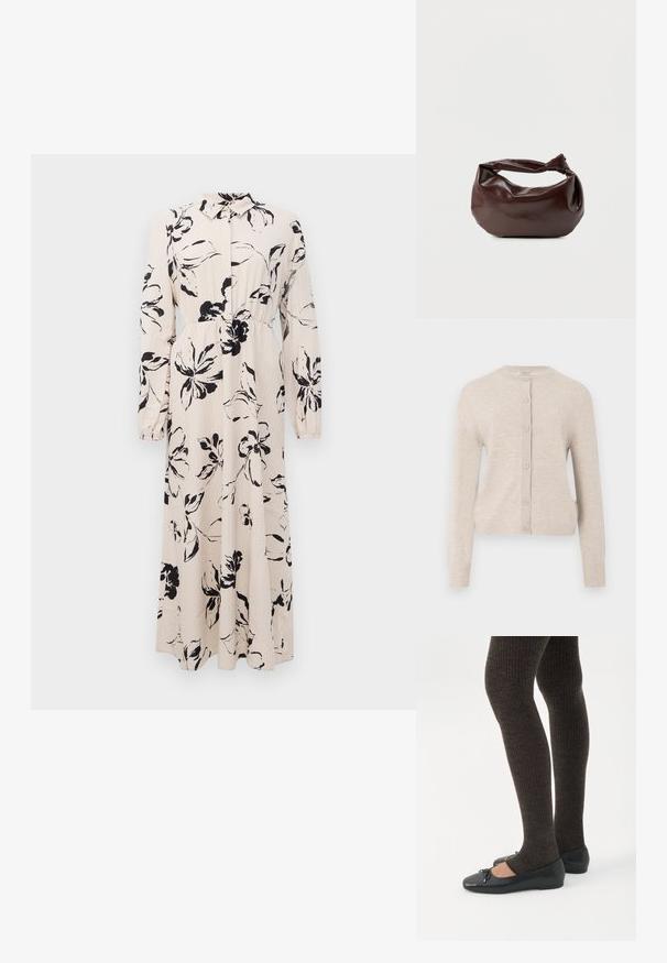 ONLY ONLCAMILLE BASIC CARDIGAN - Cardigan - pumice stone; Long beige dress with black floral print, long sleeves, gathered waist, and a collared button-up front.; Legs wearing dark ribbed leggings paired with black ballet flats featuring small bow details on a white background.; Dark brown leather shoulder bag with a soft, slouchy shape and a twisted knot handle on a plain white background.