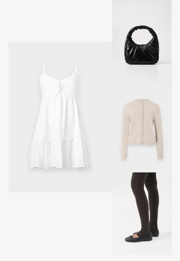 ONLY ONLCAMILLE BASIC CARDIGAN - Vest - pumice stone; Witte mouwloze jurk met kantafwerking, strikdetail bij de borst, gelaagde ruches aan de onderkant en bloemmotief op lichte stof.; Benen met donkere geribbelde leggings gecombineerd met zwarte ballerina's met kleine strikdetails op een witte achtergrond.; Zwarte gevoerde handtas met een ronde handgreep, met een gladde, glanzende oppervlakte en een zachte, gewatteerde textuur. Geen zichtbare metalen onderdelen of accenten.