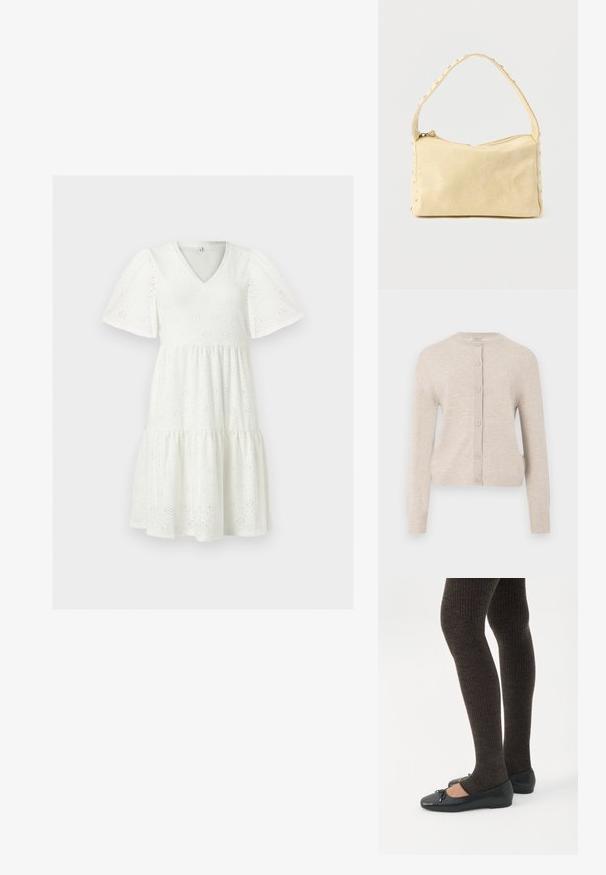 ONLY ONLCAMILLE BASIC CARDIGAN - Ζακέτα - pumice stone; Λευκό φόρεμα με V-λαιμόκοψη, κοντά φουσκωτά μανίκια και λοξή φούστα, με ύφασμα δαντέλας με οπές και λουλουδένια διακοσμητικά μοτίβα.; Πόδια με σκουρόχρωμα ριμπ κολάν συνδυασμένα με μαύρα μπαλαρίνα παπούτσια με μικρές λεπτομέρειες φιόγκων σε λευκό φόντο.; Μικρή μπεζ δερμάτινη τσάντα χειρός με έναν ιμάντα και ασημένιες τρουκ κατά μήκος των άκρων και του ιμάντα, τοποθετημένη πάνω σε απολύτως ουδέτερο φόντο.