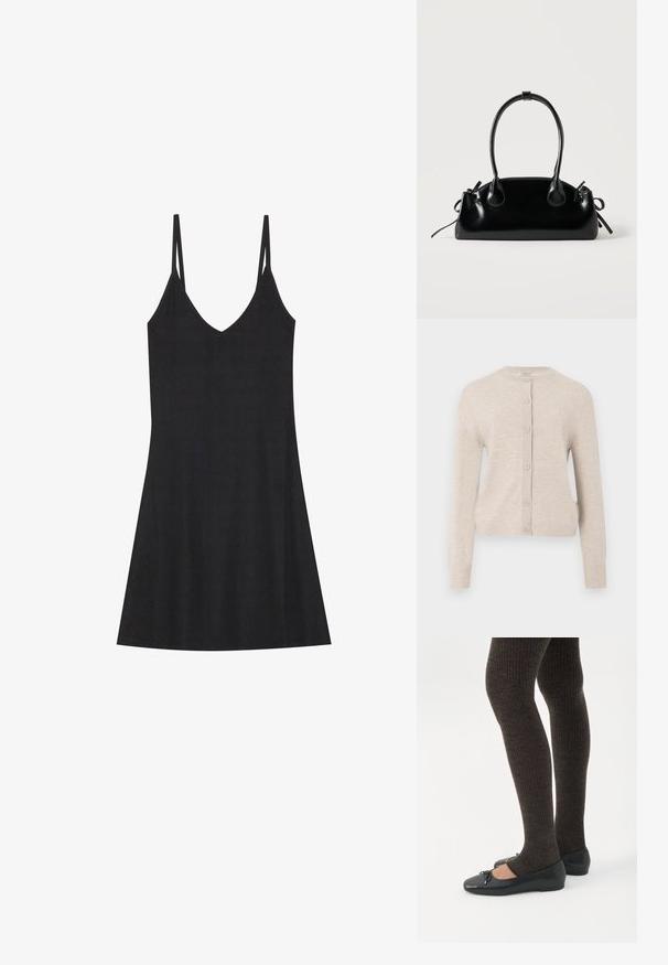ONLY ONLCAMILLE BASIC CARDIGAN - Gilet - pumice stone; Robe nuisette noire à rayures avec un décolleté en V et de fines bretelles réglables. Présente une coupe décontractée, tombant au-dessus des genoux, avec un design minimaliste.; Jambes portant des leggings côtelés foncés associés à des ballerines noires avec de petits détails en nœud sur fond blanc.; Petit sac à main noir brillant avec deux longues anses et des détails à cordon sur les côtés sur un fond clair uni.