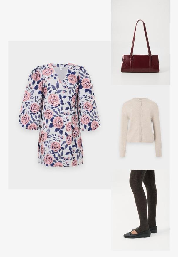 ONLY ONLCAMILLE BASIC CARDIGAN - Vest - pumice stone; Bloemen wikkeljurk met een lichtgrijze achtergrond, roze rozen, donkerblauwe bladeren en driekwart pofmouwen. Met strik in de taille.; Benen met donkere geribbelde leggings gecombineerd met zwarte ballerina's met kleine strikdetails op een witte achtergrond.; Bourgondische handtas van glanzend materiaal, rechthoekige vorm, met twee schouderbanden en subtiele gebogen accenten aan de voorkant.