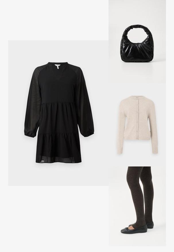 ONLY ONLCAMILLE BASIC CARDIGAN - Gilet - pumice stone; Robe noire avec un décolleté en V, de longues manches transparentes et un design à volants. Fabriquée dans un tissu lisse avec une silhouette fluide.; Jambes portant des leggings côtelés foncés associés à des ballerines noires avec de petits détails en nœud sur fond blanc.; Sac à main noir rembourré avec une poignée arrondie, présentant une surface lisse et brillante ainsi qu'une texture douce et matelassée. Pas de quincaillerie ou d'accents visibles.
