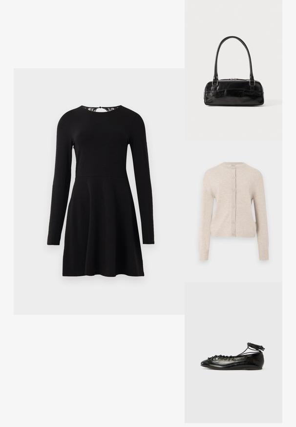 ONLY ONLCAMILLE BASIC CARDIGAN - Strickjacke - pumice stone; Schwarzes langärmliges Kleid mit weitem Rock und eng anliegendem Oberteil, mit einer Spitzenverzierung am Rückenausschnitt. Glatte Stoffoberfläche.; Schwarze Ballerinas aus Lackleder mit runder Spitze, Schnürdesign und flacher Sohle. Glatte Textur mit minimaler Verzierung.; Schwarze Lederhandtasche in rechteckiger Form, mit einem stabilen Griff, silbernem Zubehör und Reißverschluss. Glatte Textur.