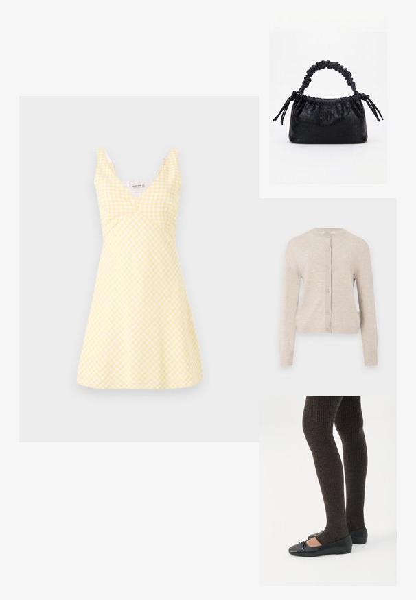 ONLY ONLCAMILLE BASIC CARDIGAN - Ζακέτα - pumice stone; Κίτρινο φόρεμα με καρό σχέδιο, με V-λαιμόκοψη, εφαρμοστό κορσέ και φουσκωτή φούστα. Το ύφασμα έχει λείο υφή με λευκά check μοτίβα σε όλη την επιφάνεια.; Πόδια με σκουρόχρωμα ριμπ κολάν συνδυασμένα με μαύρα μπαλαρίνα παπούτσια με μικρές λεπτομέρειες φιόγκων σε λευκό φόντο.; Μαύρη τσάντα με υφή κροκοδείλου, με πτυχώσεις στην πάνω άκρη, μαζεμένη λαβή και κορδόνια με φούντες σε κάθε πλευρά, πάνω σε λευκό φόντο.