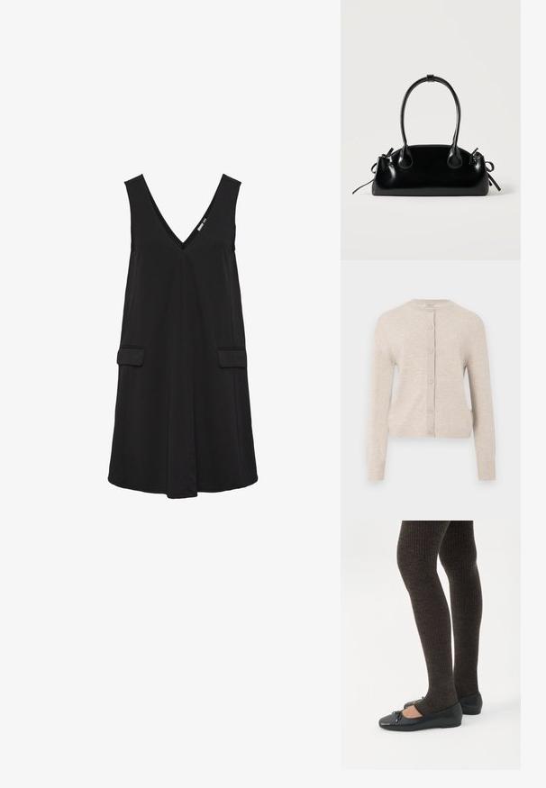 ONLY ONLCAMILLE BASIC CARDIGAN - Vest - pumice stone; Zwarte mouwloze V-hals jurk met voorflappen en A-lijn silhouet.; Benen met donkere geribbelde leggings gecombineerd met zwarte ballerina's met kleine strikdetails op een witte achtergrond.; Kleine zwarte glanzende handtas met twee lange hengsels en zijkant trekkoord details op een effen lichte achtergrond.