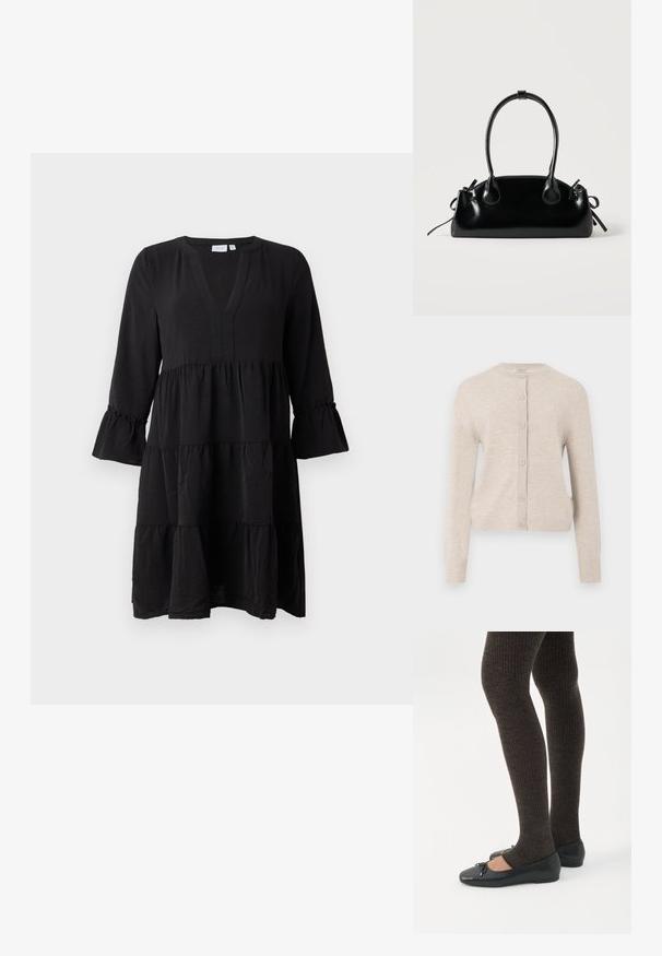 ONLY ONLCAMILLE BASIC CARDIGAN - Cardigan - pumice stone; Sort knælængde kjole med V-hals, lagdelt nederdel og trekvartlange flæseærmer på ensfarvet baggrund.; Ben iført mørke ribbede leggings kombineret med sorte balletsko med små sløjfedetaljer på hvid baggrund.; Lille sort blank håndtaske med to lange håndtag og snøre-detaljer i siden på en ensfarvet lys baggrund.