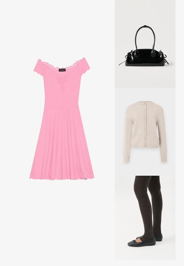 ONLY ONLCAMILLE BASIC CARDIGAN - Kardigán - pumice stone; Ružové šaty s odhalenými ramenami vyrobené z rebrovanej látky, s zigzagovým korzetom, rozšírenou sukňou a volánovými okrajmi na rukávoch a leme.; Nohy v tmavých pásikavých legínach v kombinácii s čiernymi balerínkami s malými mašličkami na bielom pozadí.; Malá čierna lesklá kabelka s dvoma dlhými rúčkami a bočnými šnúrkovými detailmi na jednoduchom svetlom pozadí.