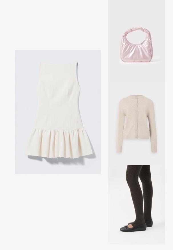 ONLY ONLCAMILLE BASIC CARDIGAN - Ζακέτα - pumice stone; Λευκό φόρεμα χωρίς μανίκια με υφασμάτινη υφή, εφαρμοστή κορυφή και φουσκωτό, βολάν στο κάτω μέρος. Καθαρές γραμμές και μινιμαλιστικός σχεδιασμός.; Πόδια με σκουρόχρωμα ριμπ κολάν συνδυασμένα με μαύρα μπαλαρίνα παπούτσια με μικρές λεπτομέρειες φιόγκων σε λευκό φόντο.; Ροζ, επενδεδυμένη τσάντα χειρός με στρογγυλεμένο σχέδιο, κατασκευασμένη από γυαλιστερό υλικό. Διαθέτει μαζεμένη λαβή και κλείσιμο με φερμουάρ για ασφαλή πρόσβαση.