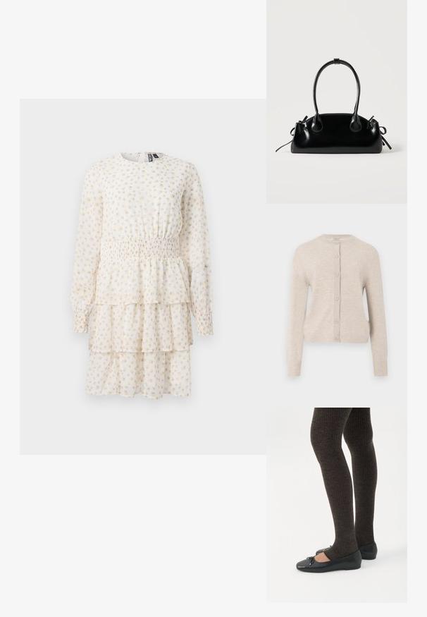 ONLY ONLCAMILLE BASIC CARDIGAN - Kardigán - pumice stone; Praporový šaty vo svetlej smotankovej farbe s malým béžovým kvetinovým vzorom. Majú dlhé rukávy a gumičkový pás pre priliehavý strih.; Nohy v tmavých pásikavých legínach v kombinácii s čiernymi balerínkami s malými mašličkami na bielom pozadí.; Malá čierna lesklá kabelka s dvoma dlhými rúčkami a bočnými šnúrkovými detailmi na jednoduchom svetlom pozadí.