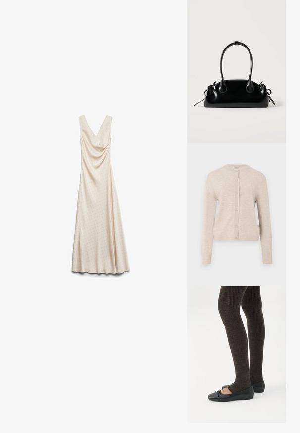 ONLY ONLCAMILLE BASIC CARDIGAN - Gilet - pumice stone; Robe longue sans manches couleur crème, avec un subtil motif de petits points sur l'ensemble et un décolleté en V drapé.; Jambes portant des leggings côtelés foncés associés à des ballerines noires avec de petits détails en nœud sur fond blanc.; Petit sac à main noir brillant avec deux longues anses et des détails à cordon sur les côtés sur un fond clair uni.