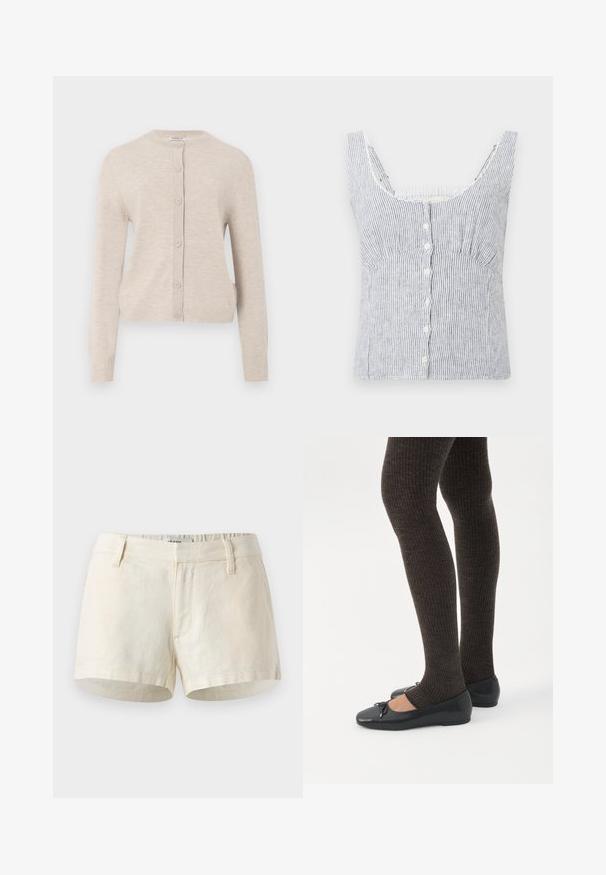 ONLY ONLCAMILLE BASIC CARDIGAN - Cardigan - pumice stone; Hvid og grå vertikalt stribet ærmeløs knap-op top med brede stropper og tætsiddende bryst, præsenteret på en ensfarvet baggrund.; Lys beige shorts lavet af linned. Har en flad talje, frontlommer og en ren kant. Simpelt, minimalistisk design.; Ben iført mørke ribbede leggings kombineret med sorte balletsko med små sløjfedetaljer på hvid baggrund.