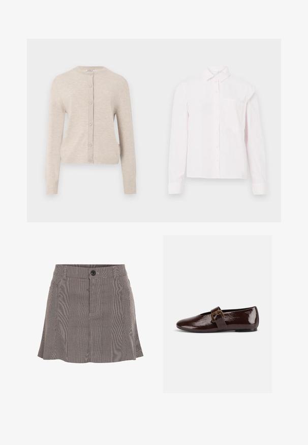ONLY ONLCAMILLE BASIC CARDIGAN - Kardigán - pumice stone; Svetloružová košeľa s dlhými rukávmi, s gombíkmi a golierom, s jednou náprsné kapsou, prezentovaná na bielom pozadí.; Kockovaná sukňa v čiernej a bielej farbe, vyrobená z ľahkého materiálu, s pásom na gombík a skladaným dizajnom pre dodatočný detail.; Tmavohnedá lakovaná balerína s veľkou zlatou prackou a zaoblenou špičkou, zobrazená z bočného profilu na bielom pozadí.