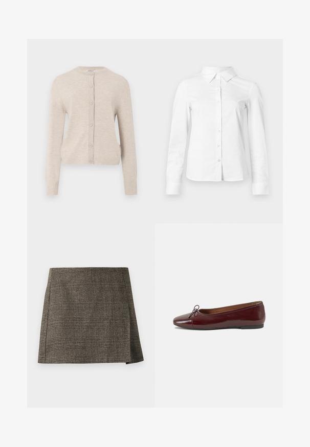 ONLY ONLCAMILLE BASIC CARDIGAN - Cardigan - pumice stone; Hvid skjorte med lange ærmer, knapper, spids krave, lige kant og tætsiddende silhuet, vist på en ensartet lys baggrund.; Brun og grå plaid mini nederdel med subtilt sidesnit, lige snit og tekstureret stof.; Bordeaux patentlæder balletflad med rund tå, lille sløjfeaccent foran og en lav, sort gummisål. Glat tekstur.