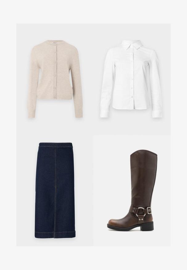 ONLY ONLCAMILLE BASIC CARDIGAN - Kardigan - pumice stone; Valge pika varrukaga nööpidega särk terava krae, sirge ääre ja vormiva siluetiga, esitatud lihtsal heledal taustal.; Tumedast sinisest denimist midi seelik, sirge lõikega, peene õmbluse detailiga ja puhta servaga.; Pruun nahkne põlvini saabas, millel on ümmargune metallist aksessuaar ja sääreklamber. Kergelt tekstureeritud ülemine osa, kergelt tõstetud konts ja ümar varvas.