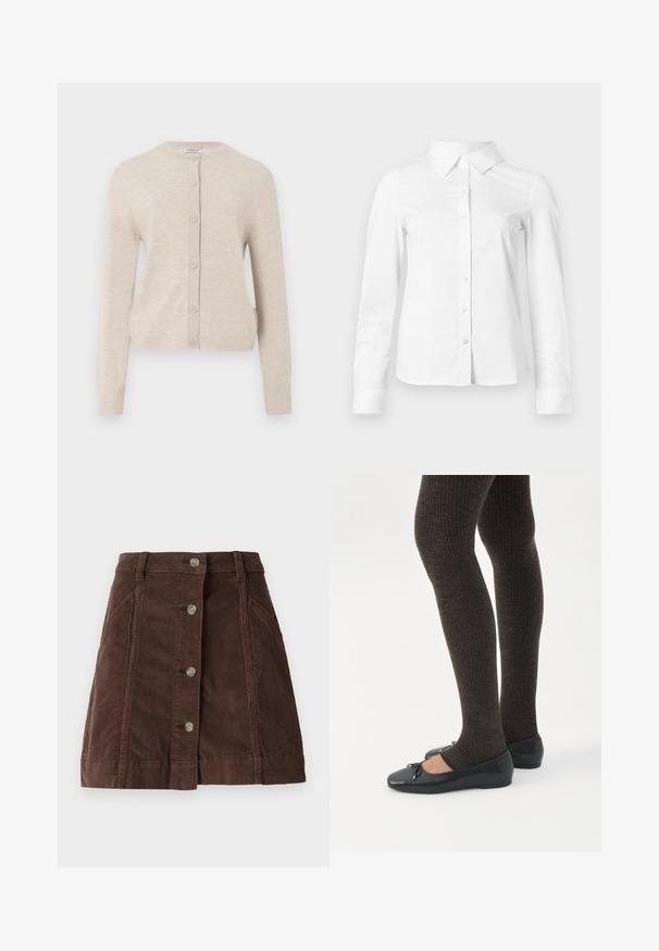 ONLY ONLCAMILLE BASIC CARDIGAN - Cardigan - pumice stone; Hvid skjorte med lange ærmer, knapper, spids krave, lige kant og tætsiddende silhuet, vist på en ensartet lys baggrund.; Brun kordfløjl A-formet nederdel med frontknaplukning og sidelommer, der har bæltestropper og vertikale sømdetaljer.; Ben iført mørke ribbede leggings kombineret med sorte balletsko med små sløjfedetaljer på hvid baggrund.