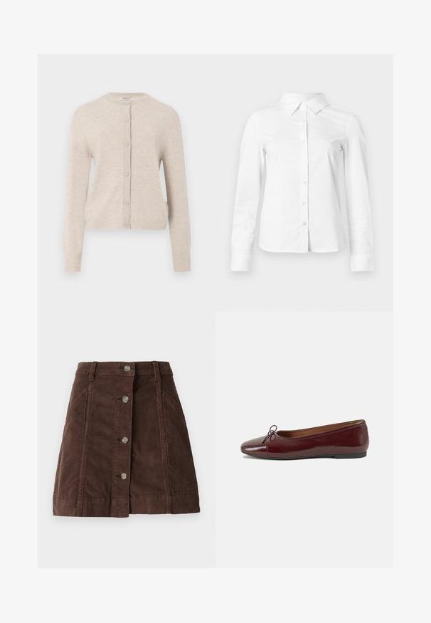 ONLY ONLCAMILLE BASIC CARDIGAN - Cardigan - pumice stone; Hvid skjorte med lange ærmer, knapper, spids krave, lige kant og tætsiddende silhuet, vist på en ensartet lys baggrund.; Brun kordfløjl A-formet nederdel med frontknaplukning og sidelommer, der har bæltestropper og vertikale sømdetaljer.; Bordeaux patentlæder balletflad med rund tå, lille sløjfeaccent foran og en lav, sort gummisål. Glat tekstur.