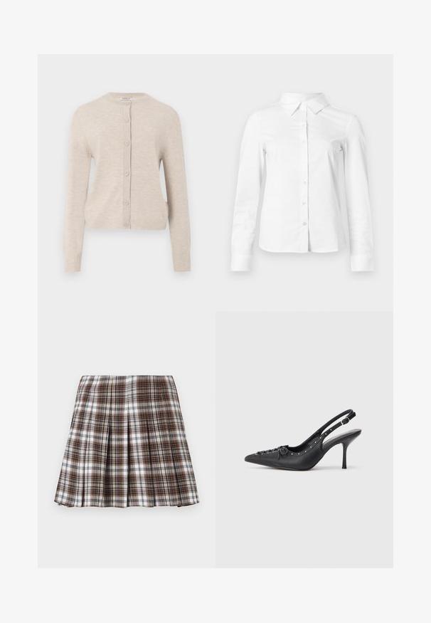 ONLY ONLCAMILLE BASIC CARDIGAN - Kardigan - pumice stone; Valge pika varrukaga nööpidega särk terava krae, sirge ääre ja vormiva siluetiga, esitatud lihtsal heledal taustal.; Pruun ja valge ruuduline volditud seelik, millel on struktureeritud disain ja selge tekstuur, kõrge talje ja mitu vertikaalset voldi.; Must musta sanga kaelaga stilettod, terav nina, külgse pandla rihm, nurgas nublud ja dekoratiivne nöörimine ees.