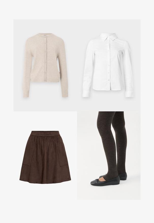 ONLY ONLCAMILLE BASIC CARDIGAN - Vest - pumice stone; Witte blouse met lange mouwen en knopen, met puntige kraag, rechte zoom en aansluitende silhouet, weergegeven op een effen lichte achtergrond.; Bruine suède rok met een elastische tailleband, voorzien van zijzakken en een uitlopende pasvorm. Gladde textuur en een lengte tot de knie.; Benen met donkere geribbelde leggings gecombineerd met zwarte ballerina's met kleine strikdetails op een witte achtergrond.