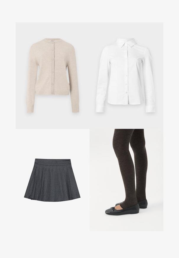 ONLY ONLCAMILLE BASIC CARDIGAN - Gilet - pumice stone; Chemise blanche à manches longues avec boutons, col pointu, ourlet droit et silhouette ajustée, présentée sur un fond clair uni.; Jupe patineuse grise à rayures générales avec une taille ajustée, en forme évasée A et texture de tissu douce. Les lignes verticales renforcent l'intérêt visuel.; Jambes portant des leggings côtelés foncés associés à des ballerines noires avec de petits détails en nœud sur fond blanc.
