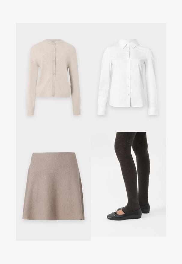 ONLY ONLCAMILLE BASIC CARDIGAN - Cardigan - pumice stone; Hvid skjorte med lange ærmer, knapper, spids krave, lige kant og tætsiddende silhuet, vist på en ensartet lys baggrund.; En beige, flagrende nederdel lavet af blødt stof med en glat tekstur og en ren kant. Enkel design uden synlige mønstre eller udsmykninger.; Ben iført mørke ribbede leggings kombineret med sorte balletsko med små sløjfedetaljer på hvid baggrund.