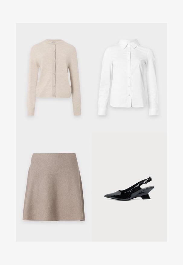 ONLY ONLCAMILLE BASIC CARDIGAN - Chaqueta de punto - pumice stone; Camisa blanca de manga larga con botones, cuello puntiagudo, bajo recto y silueta ajustada, presentada sobre un fondo claro y liso.; Una falda beige de corte acampanado, hecha de una tela suave con una textura lisa y un dobladillo limpio. Diseño sencillo sin patrones o adornos visibles.; Zapato slingback de cuero charol negro con puntera puntiaguda y tacón bajo en bloque inclinado sobre fondo claro liso.