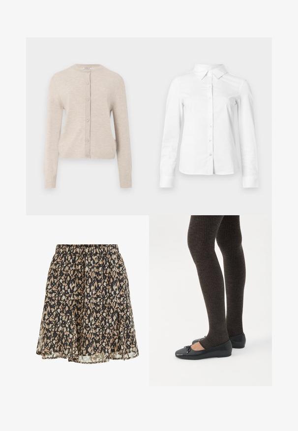 ONLY ONLCAMILLE BASIC CARDIGAN - Kardigan - pumice stone; Valge pika varrukaga nööpidega särk terava krae, sirge ääre ja vormiva siluetiga, esitatud lihtsal heledal taustal.; Must seelik beeži ja heledate hallide ebaühtlaste laikudega, elastse vöökohaga ja voolava, veidi lõhiku alläärmega.; Jalad seljas tumedad soonelises soonelises kombines mustade baleriinadega, millel on väikesed paelade detailid valgel taustal.