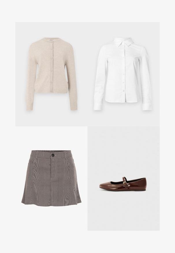 ONLY ONLCAMILLE BASIC CARDIGAN - Ζακέτα - pumice stone; Λευκό πουκάμισο με μακριά μανίκια κουμπιά, με μυτερό γιακά, ίσια τελείωμα και εφαρμοστή σιλουέτα, εμφανίζεται σε απλό φωτεινό φόντο.; Καρό φουστάνι σε μαύρο και άσπρο, φτιαγμένο από ελαφρύ ύφασμα, με ζώνη που διαθέτει κουμπί και πτυχώσεις για επιπλέον λεπτομέρεια.; Καφέ πατεντα δερμάτινη μπαλαρίνα με τετράγωνη μύτη και λουράκι που διαθέτει μια μικρή χρυσή πόρπη. Λείος υφή, χαμηλό τακούνι και μινιμαλιστικός σχεδιασμός.