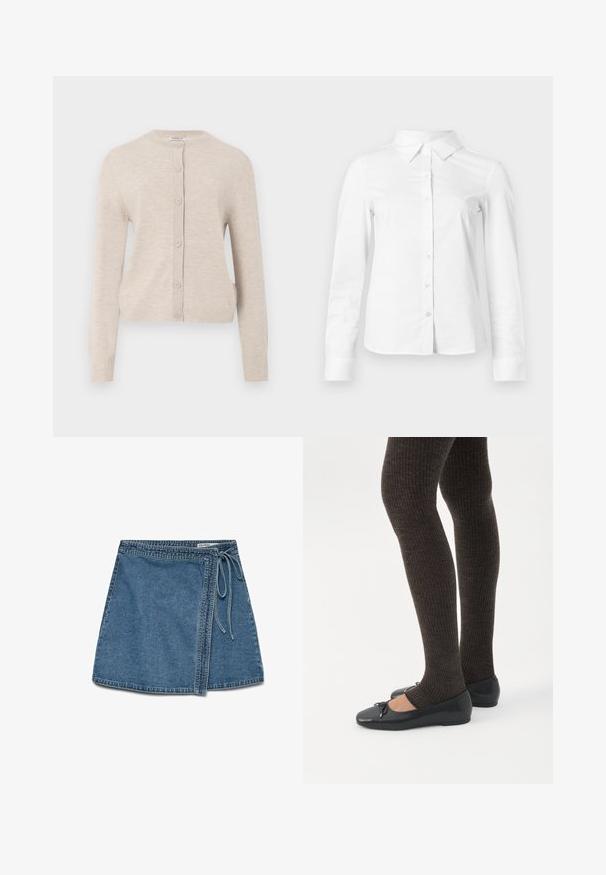 ONLY ONLCAMILLE BASIC CARDIGAN - Cardigan - pumice stone; Hvid skjorte med lange ærmer, knapper, spids krave, lige kant og tætsiddende silhuet, vist på en ensartet lys baggrund.; Denim indigo omslagskørt i lys blå med et bånd i taljen, der har en lige pasform og en glat tekstur. Ingen synlige mønstre eller dekorationer.; Ben iført mørke ribbede leggings kombineret med sorte balletsko med små sløjfedetaljer på hvid baggrund.