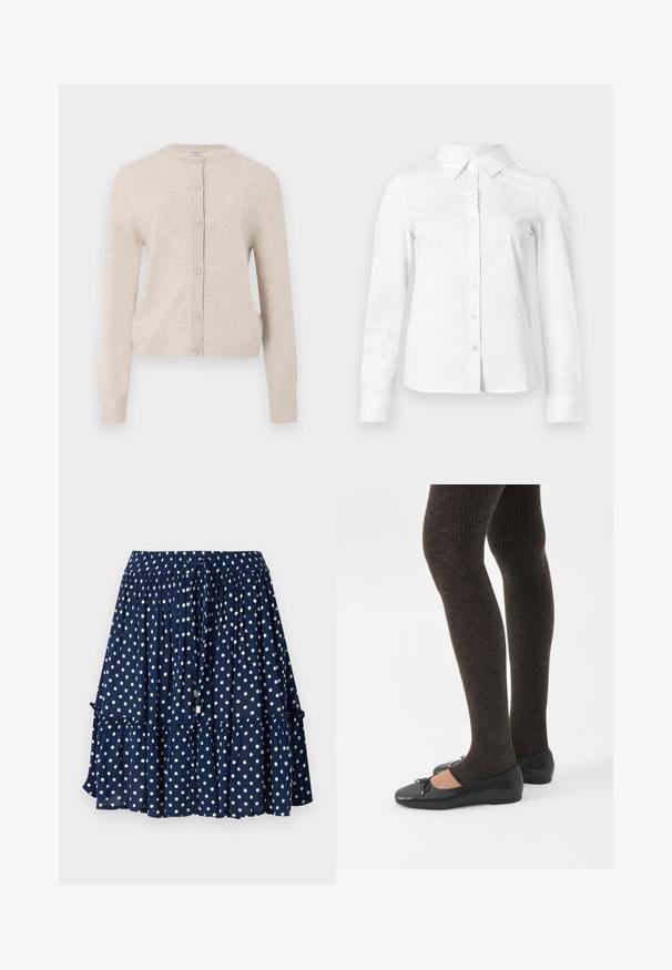 ONLY ONLCAMILLE BASIC CARDIGAN - Cardigan - pumice stone; Hvid skjorte med lange ærmer, knapper, spids krave, lige kant og tætsiddende silhuet, vist på en ensartet lys baggrund.; Mørkeblå skirt med hvide prikker, der har en flæse i bunden og en elastisk talje med snøre til justerbar pasform.; Ben iført mørke ribbede leggings kombineret med sorte balletsko med små sløjfedetaljer på hvid baggrund.