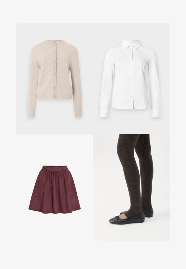 ONLY ONLCAMILLE BASIC CARDIGAN - Cardigan - pumice stone; Hvid skjorte med lange ærmer, knapper, spids krave, lige kant og tætsiddende silhuet, vist på en ensartet lys baggrund.; Bordeaux ruskindsnederdel med en flagrende form, elastisk talje og to sidelommer, der har en blød tekstur og minimalistisk design.; Ben iført mørke ribbede leggings kombineret med sorte balletsko med små sløjfedetaljer på hvid baggrund.