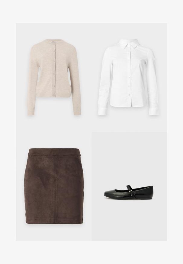 ONLY ONLCAMILLE BASIC CARDIGAN - Cardigan - pumice stone; Hvid skjorte med lange ærmer, knapper, spids krave, lige kant og tætsiddende silhuet, vist på en ensartet lys baggrund.; Brun ruskind mini-nederdel med en glat tekstur, tætsiddende design og en flad talje, der har lodrette sømme for struktur.; Sorte læder balletflade med rund tå, flad sål og en tynd justerbar rem over svangen med en metalspænde.