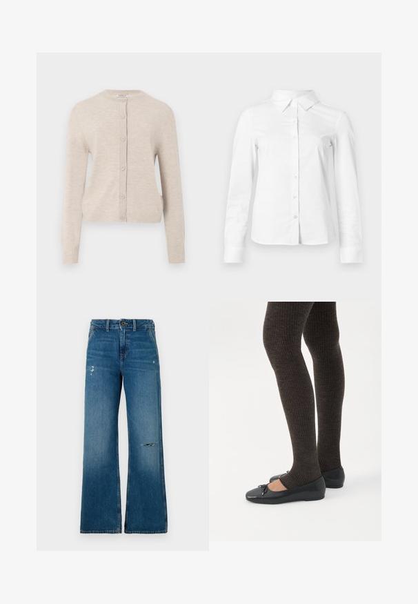 ONLY ONLCAMILLE BASIC CARDIGAN - Kardigán - pumice stone; Biela košeľa s dlhými rukávmi, zapínaná na gombíky, so špicatým golierom, priamym lemom a priliehavým strihom, zobrazená na jednoduchom svetlom pozadí.; Modré denimové široké nohavice s vyblednutou textúrou, s dvoma poškodenými miestami na prednej strane, s uzatváraním na gombík a dizajnom s piatimi vreckami.; Nohy v tmavých pásikavých legínach v kombinácii s čiernymi balerínkami s malými mašličkami na bielom pozadí.