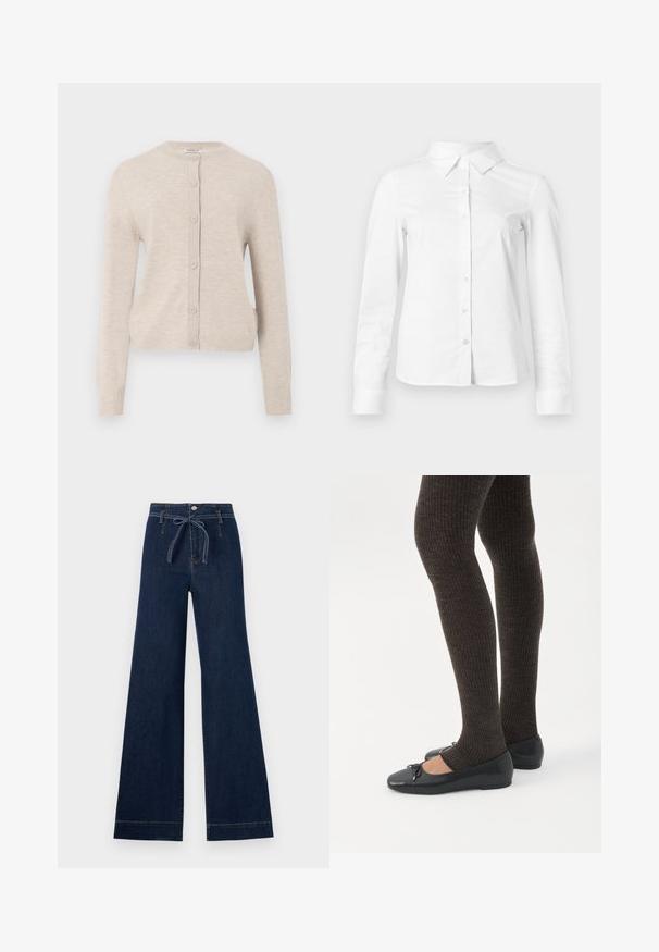 ONLY ONLCAMILLE BASIC CARDIGAN - Kardigán - pumice stone; Biela košeľa s dlhými rukávmi, zapínaná na gombíky, so špicatým golierom, priamym lemom a priliehavým strihom, zobrazená na jednoduchom svetlom pozadí.; Tmavé džínsové nohavice s širokými nohavicami a vysokým pásom, uzavretím na predný gombík a šnúrkou na stiahnutie. Má čistý lem na koncoch.; Nohy v tmavých pásikavých legínach v kombinácii s čiernymi balerínkami s malými mašličkami na bielom pozadí.