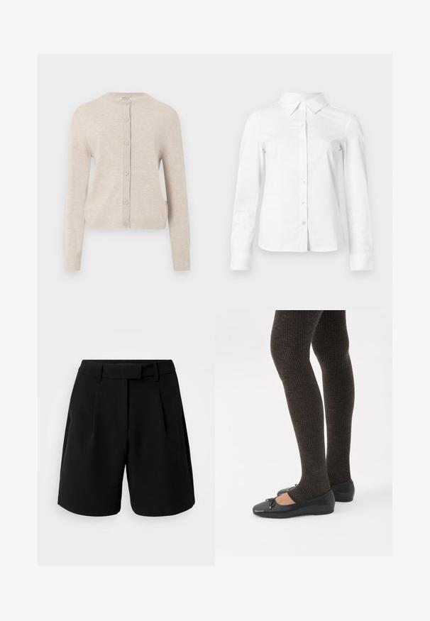 ONLY ONLCAMILLE BASIC CARDIGAN - Cardigan - pumice stone; Hvid skjorte med lange ærmer, knapper, spids krave, lige kant og tætsiddende silhuet, vist på en ensartet lys baggrund.; Sorte skræddersyede shorts lavet af glat stof, med høj talje, folder, bæltestropper og sidelommer, med et rent design.; Ben iført mørke ribbede leggings kombineret med sorte balletsko med små sløjfedetaljer på hvid baggrund.