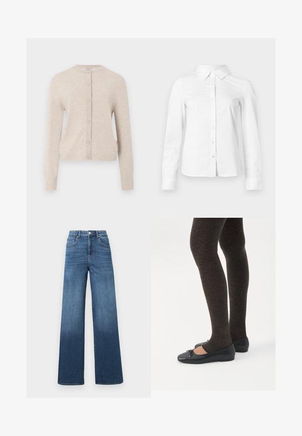 ONLY ONLCAMILLE BASIC CARDIGAN - Chaqueta de punto - pumice stone; Camisa blanca de manga larga con botones, cuello puntiagudo, bajo recto y silueta ajustada, presentada sobre un fondo claro y liso.; Vaqueros de pierna ancha en azul medio con un efecto de aclarado gradual hacia el dobladillo, presentando un cierre estándar de botón y cremallera.; Piernas con leggings oscuros acanalados combinados con bailarinas negras que presentan pequeños detalles de lazo sobre un fondo blanco.